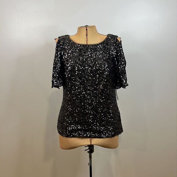 NWT Alex Evenings Black Sequin Cold Shoulder Blouse - Size Medium - Picture 2 of 14